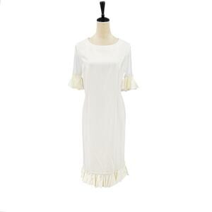 Masseys White Formal Pleated Tassel Hem Mesh Sleeve Bridal Shift Dress